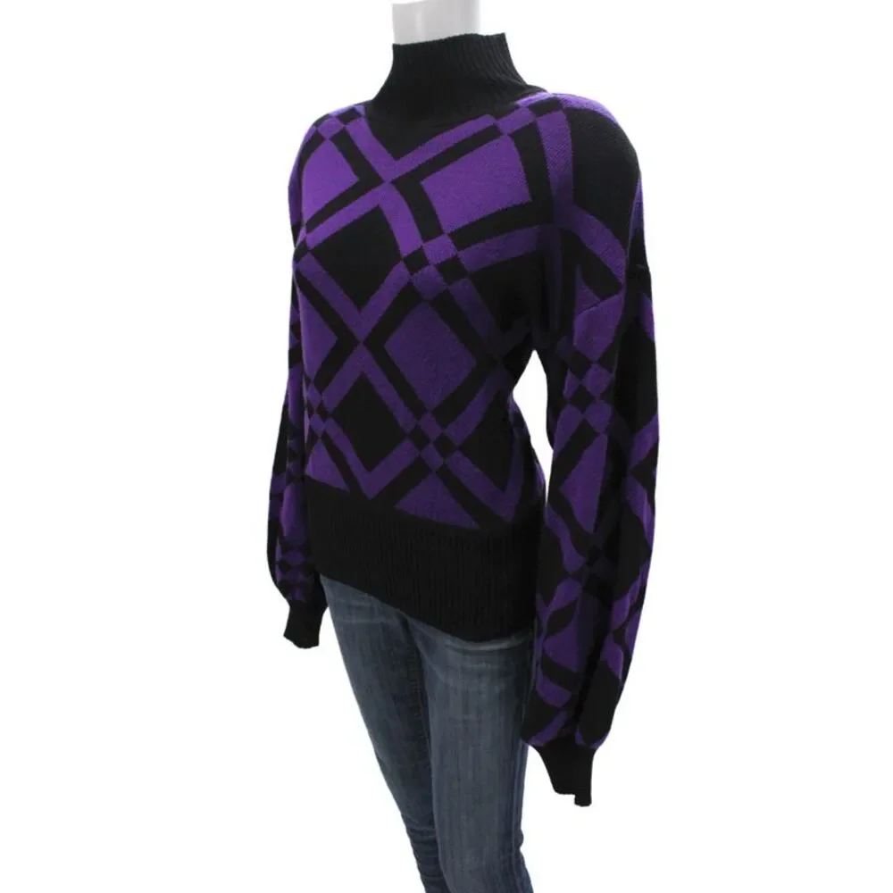 St. John Women Black Argyle Pullover Turtleneck Sweater Long Sleeve Size M